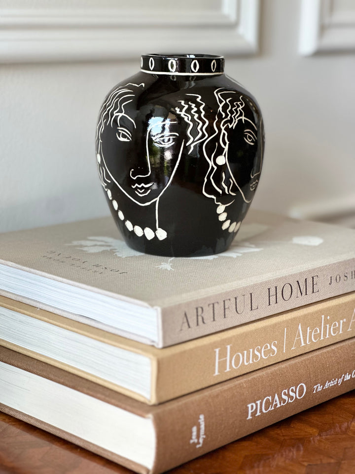 Modernist Black Glazed Vase with Incised Portraits