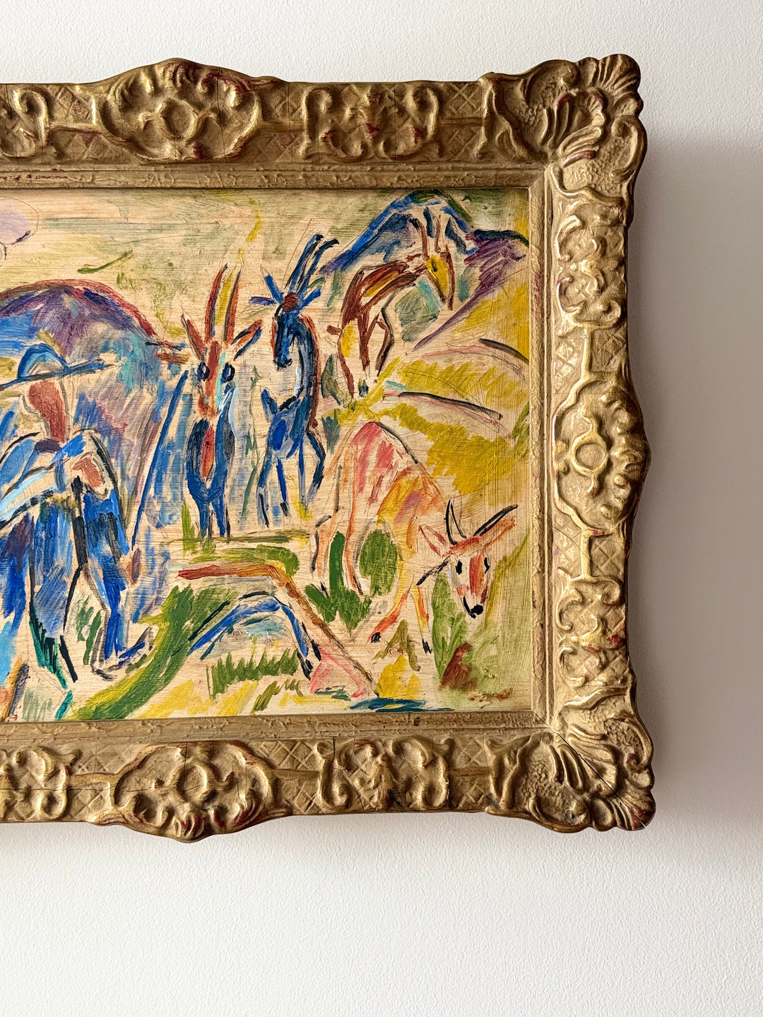 French Expressionist Pastoral Scene with Goats — Oil on Board 1950
