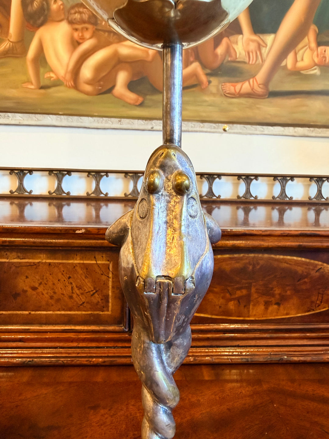 Pair of Anthony Redmile Silverplated Figural Frog Mounted Ostrich Egg Candlesticks, England, Circa 1970s