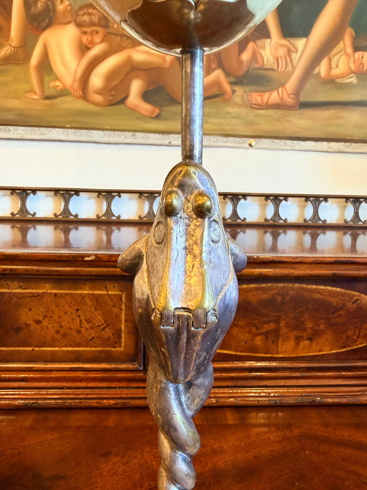 Pair of Anthony Redmile Silverplated Figural Frog Mounted Ostrich Egg Candlesticks, England, Circa 1970s
