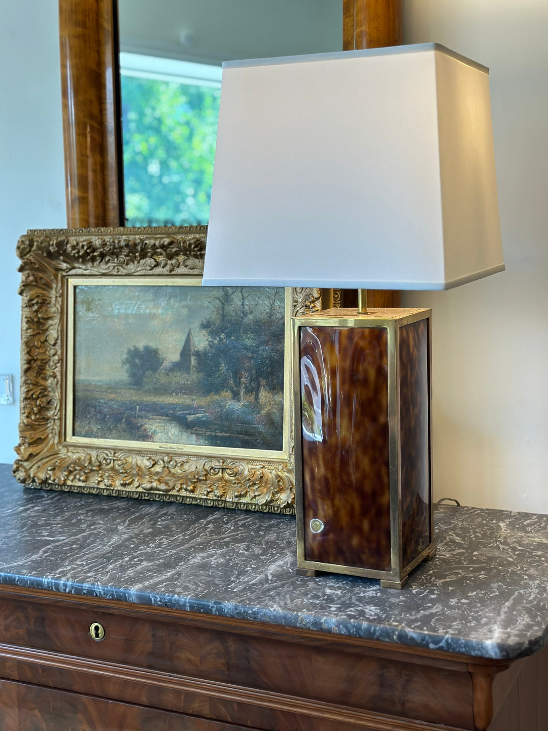 Modernist Italian Table Lamp in Faux Tortoiseshell and Brass, circa 1970