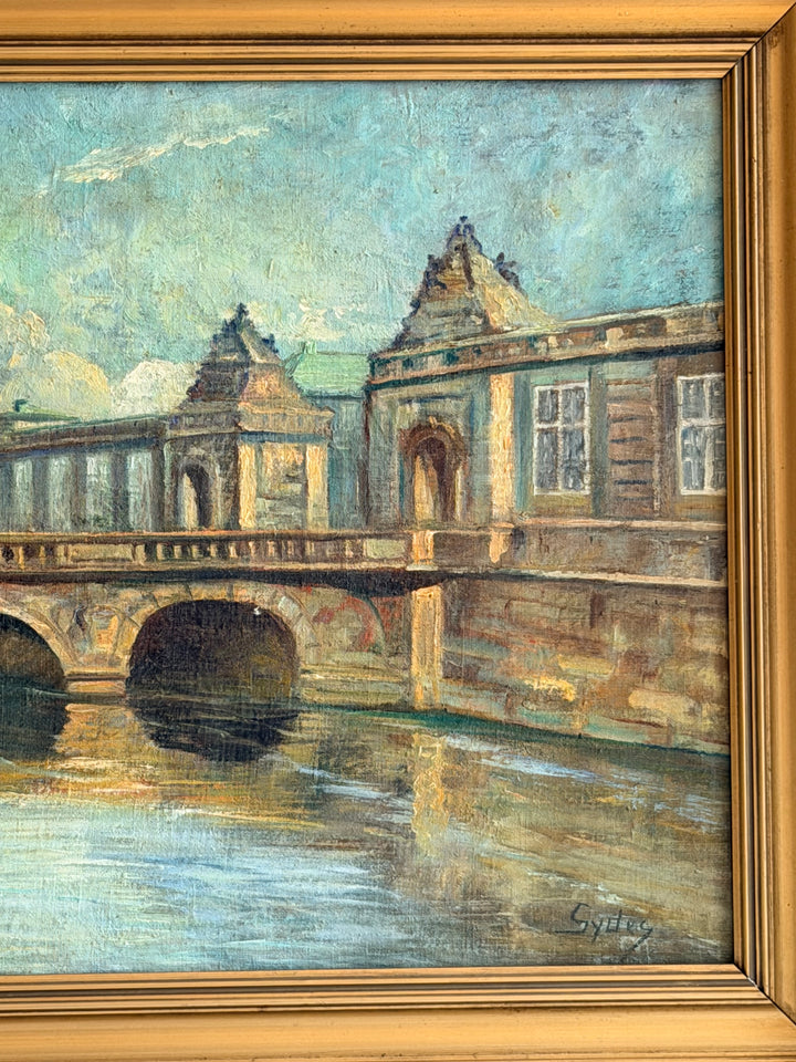 1940s Danish Cityscape Oil Painting, Copenhagen Canal Scene