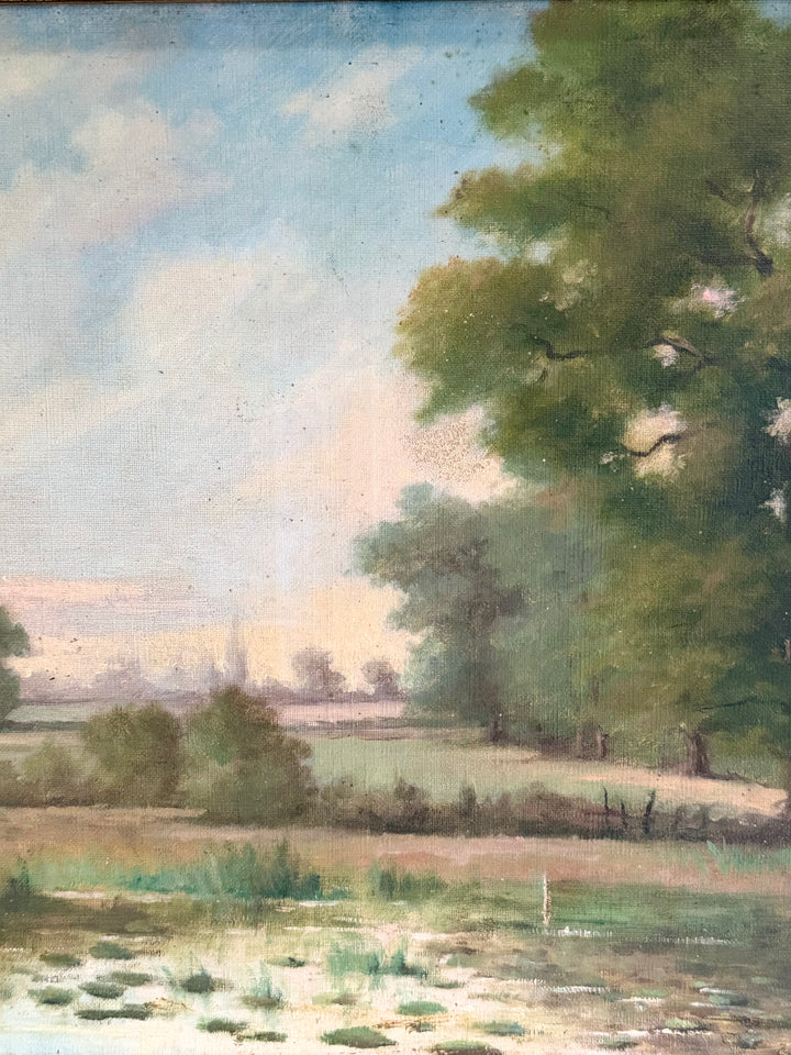 Antique French Barbizon School landscape oil painting from 1890, featuring lush greenery and serene countryside scenery.