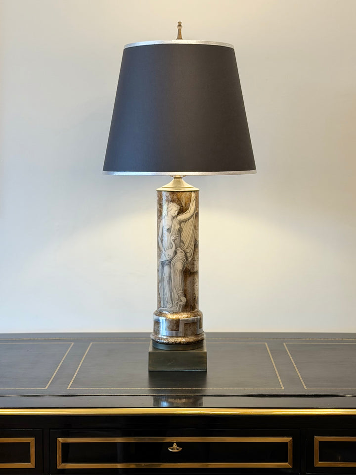 Italian Reverse-Painted Glass Neoclassical Lamp with Custom Silver-Gilt Shade