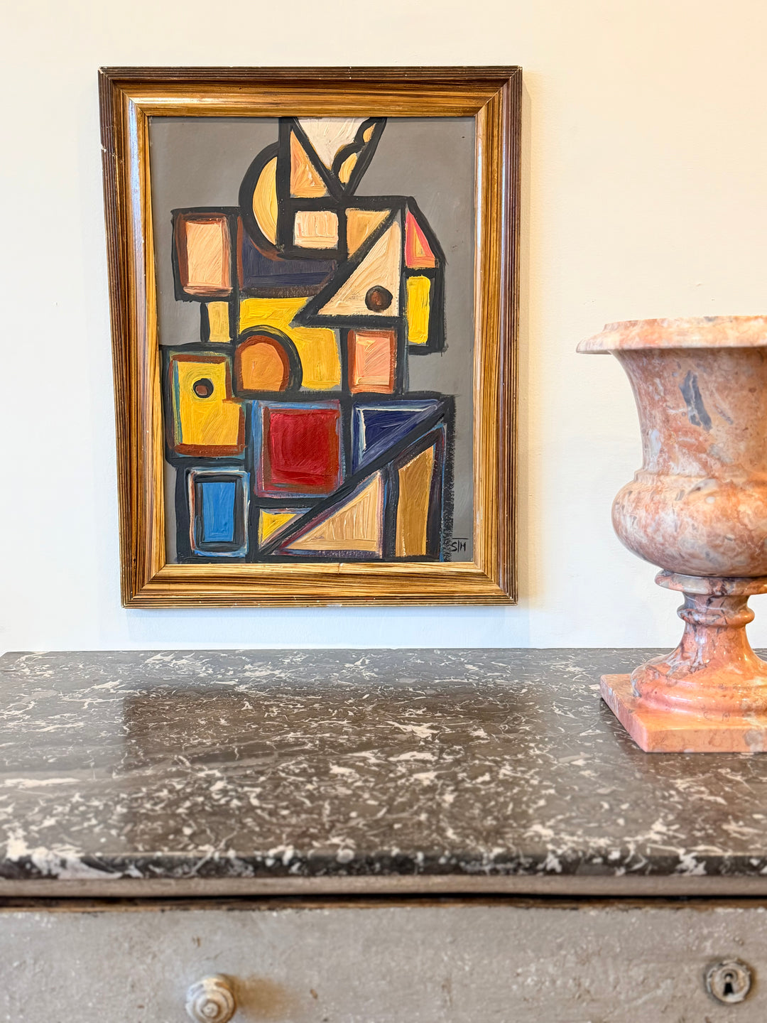 Still life oil painting by S.M., Italian postwar modernist artwork from the 1950s, featuring abstract floral and geometric elements.