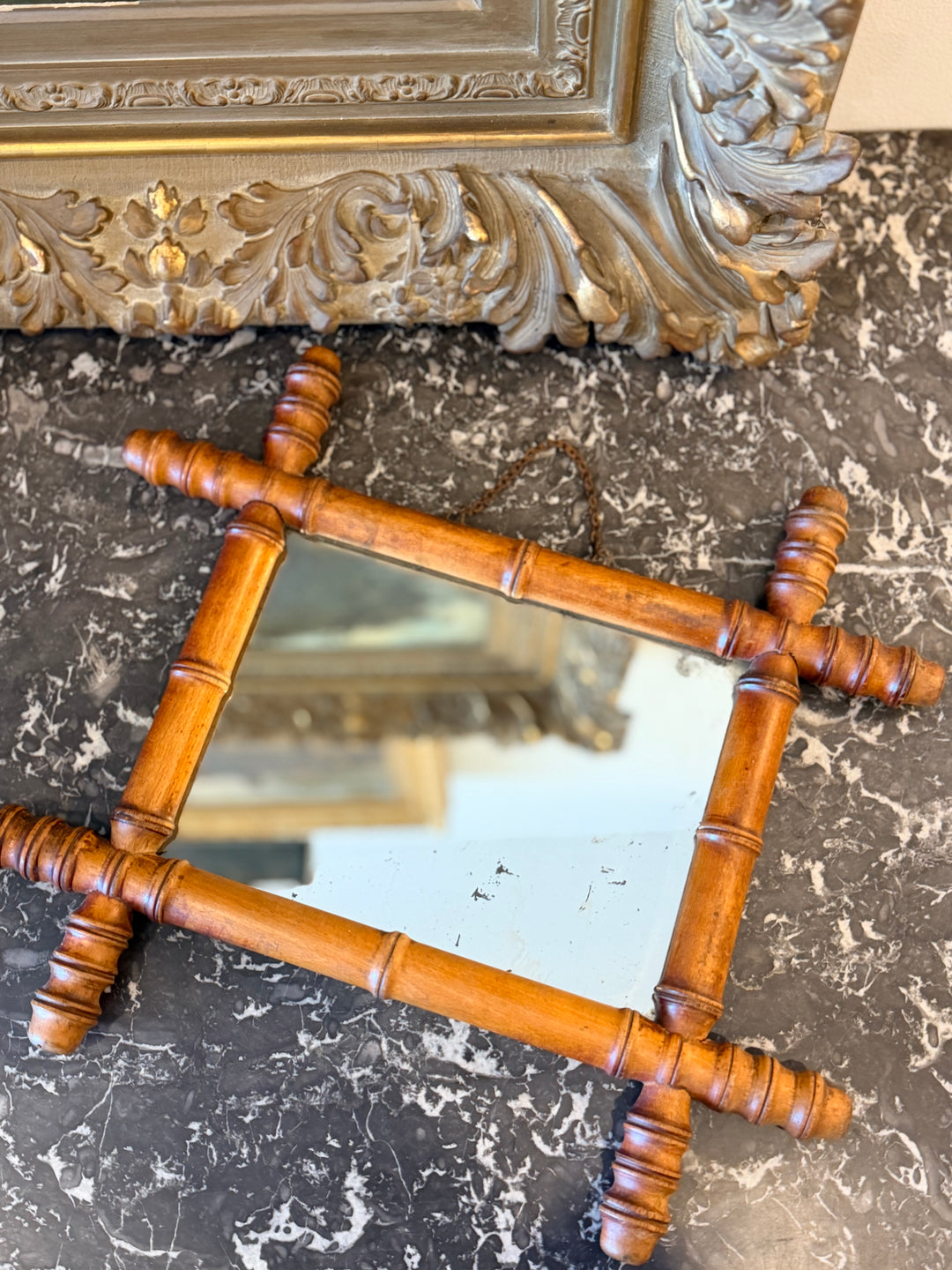 19th century French faux bamboo carved wood wall mirror with ornate frame, vintage decorative mirror from Housebound Interiors.