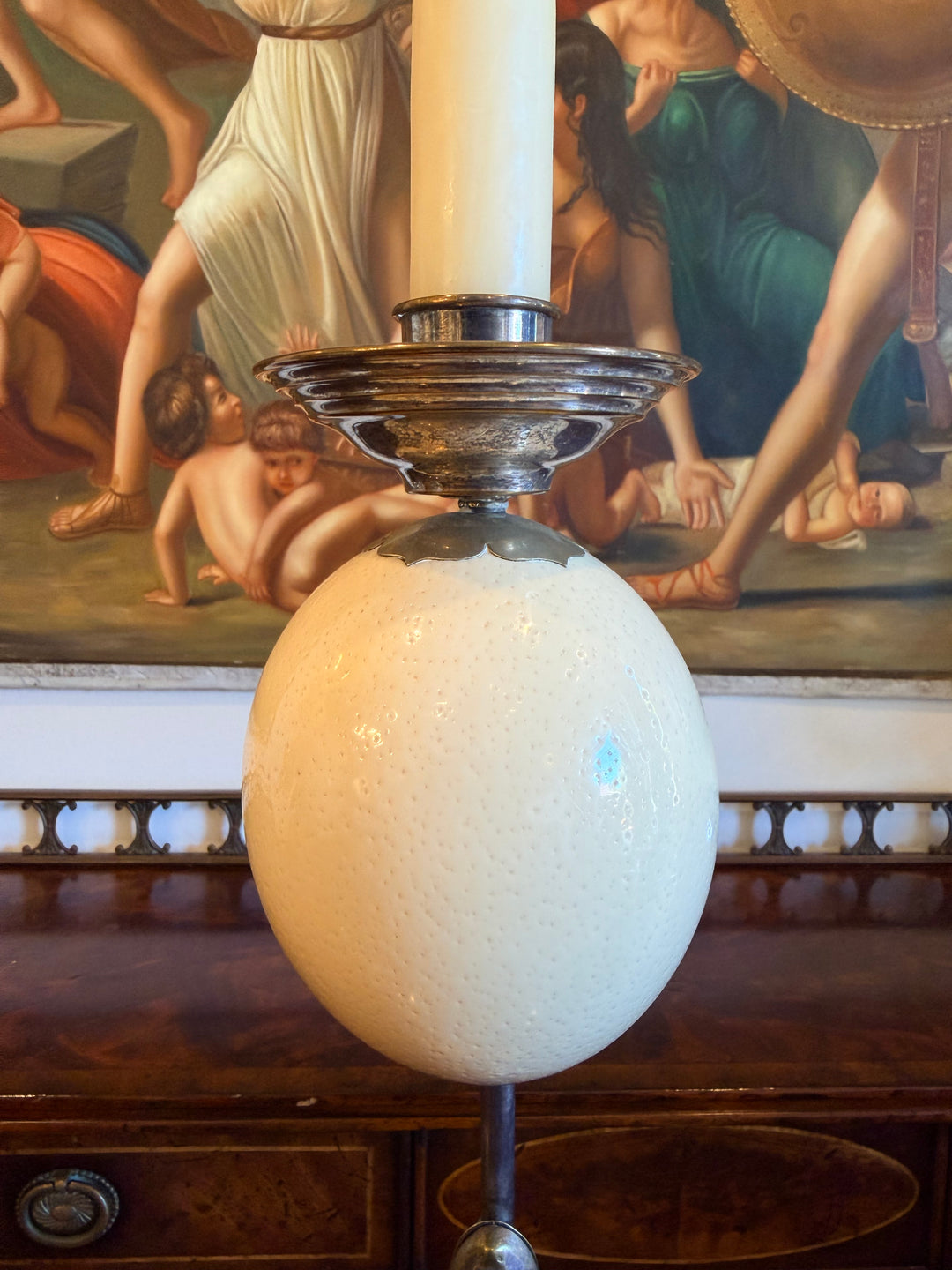 Pair of Anthony Redmile Silverplated Figural Frog Mounted Ostrich Egg Candlesticks, England, Circa 1970s