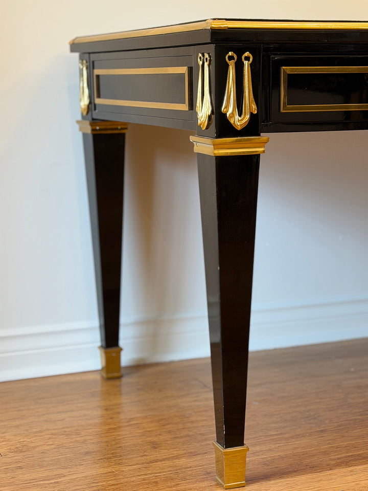 Spanish Neoclassical Ebonized Desk with Gilt Metal Mounts and Tooled Leather Top