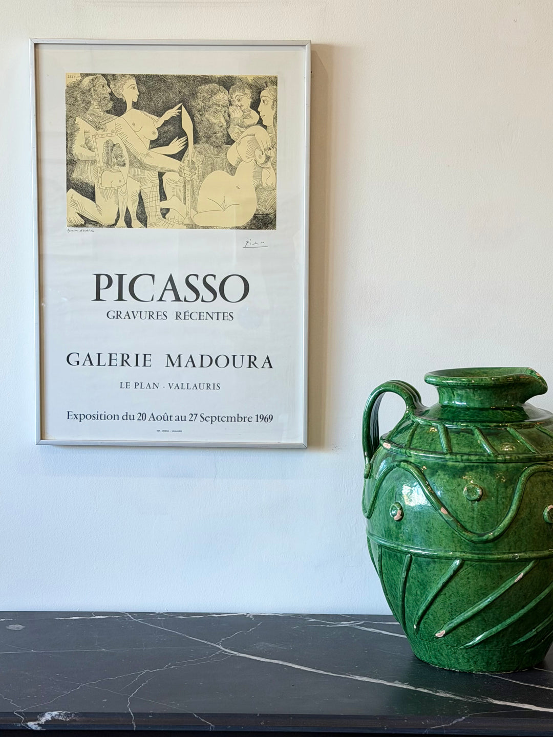 Vintage 1969 Pablo Picasso exhibition poster from Galerie Madoura Vallauris, showcasing recent engravings by Housebound Interiors.