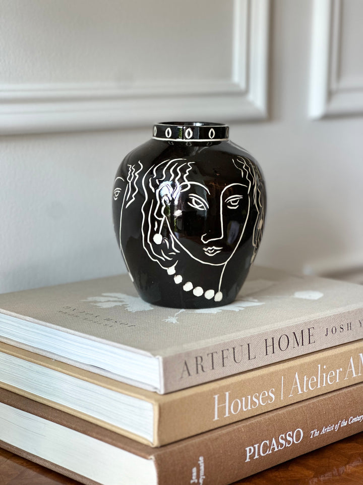 Modernist Black Glazed Vase with Incised Portraits