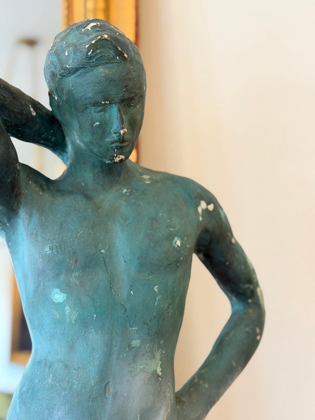 French Plaster Male Figure Study with Blue-Green Patina