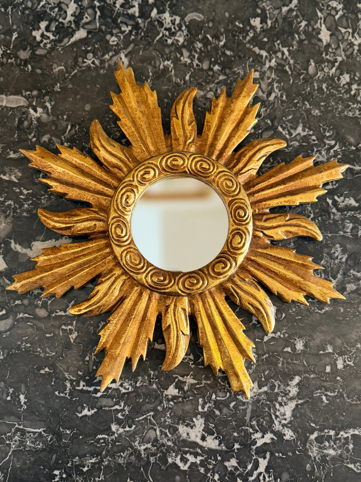 Gilt Sunburst Louis XIV Style Mirror with ornate gold frame and intricate detailing, decorative wall mirror by Housebound Interiors