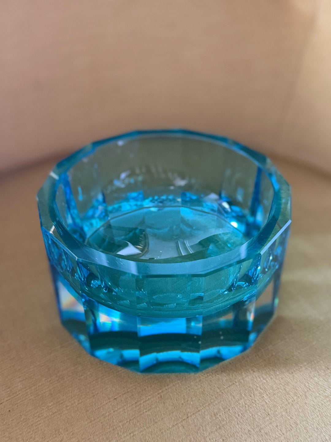 Faceted Aqua Crystal Catchall Attributed to Moser, Mid-20th Century