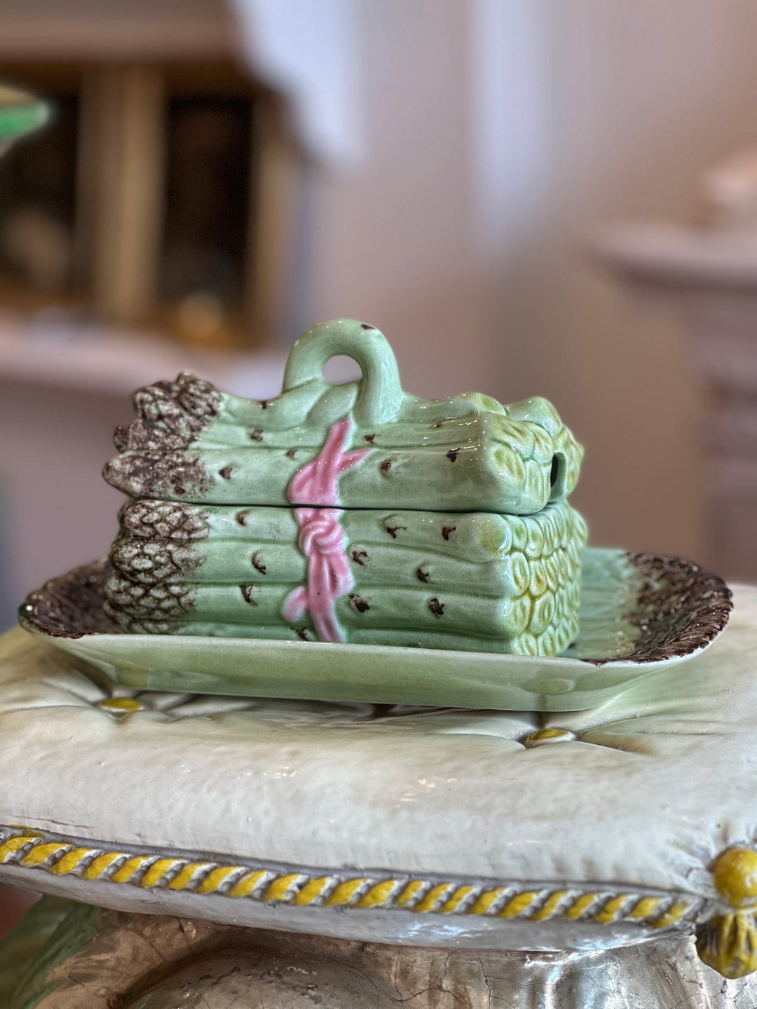 Bordallo Pinheiro Asparagus Tureen with Underplate and Ladle, Portugal