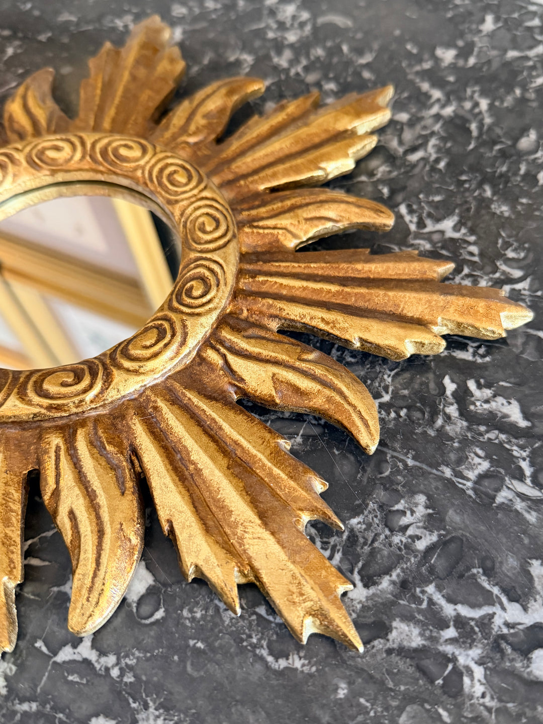 Gilt Sunburst Louis XIV Style Mirror with ornate gold frame and intricate design, classic decorative wall mirror.