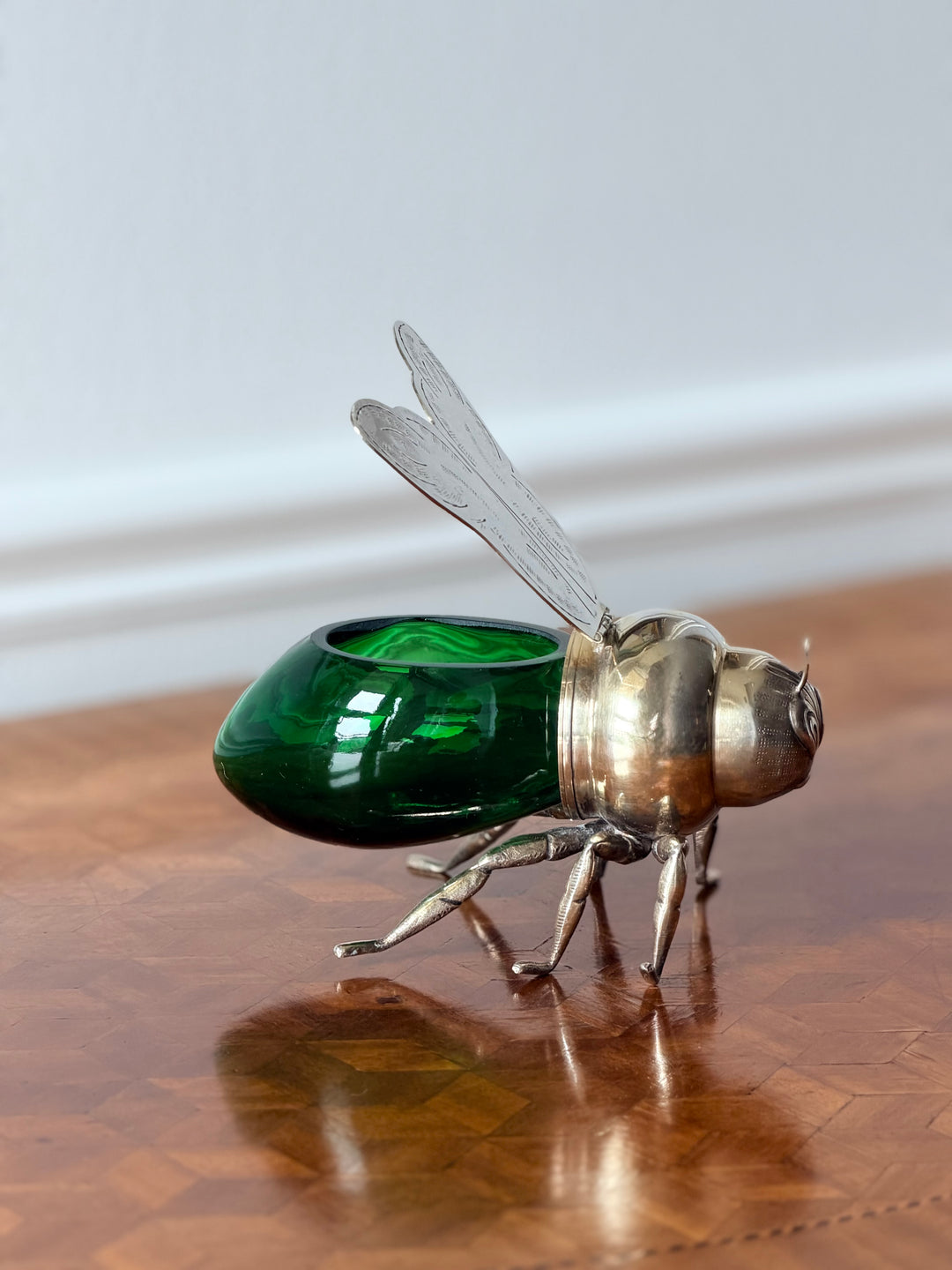 Italian Silver &amp; Emerald Green Glass Bee-Form of Jam Pot