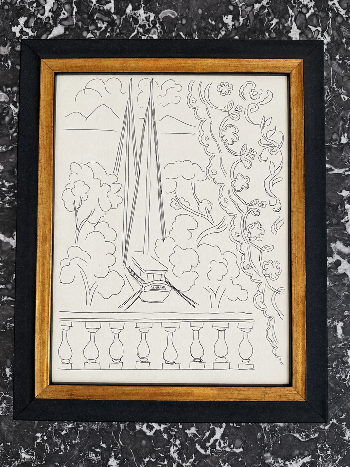 Henri Matisse Poésies sailboat plate from 1970, artwork featuring a colorful sailboat scene, created by Housebound Interiors.