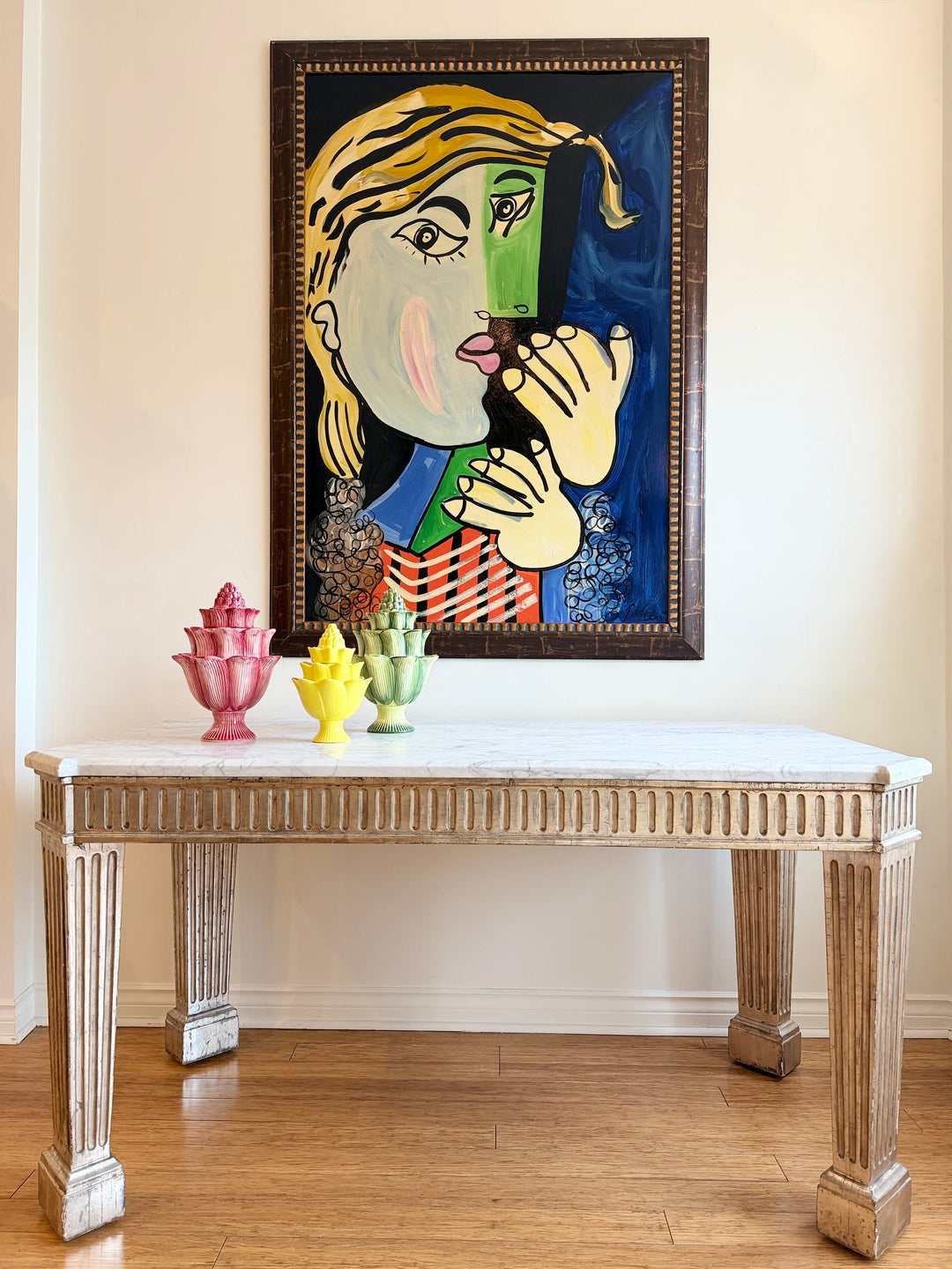 Abstract Cubist Muse painting by Peter Robert Keil from the 1970s, featuring bold geometric shapes and vibrant colors.