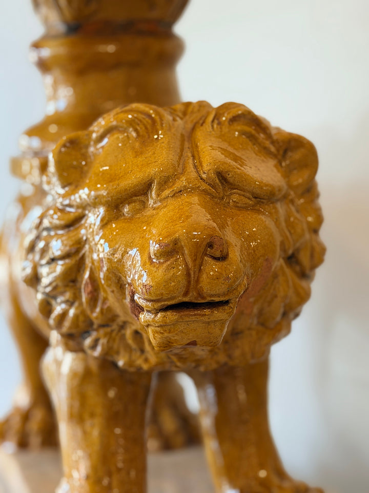 Rare 19th-Century Italian Majolica Lion Garden Stool / Sculptural Cocktail Table