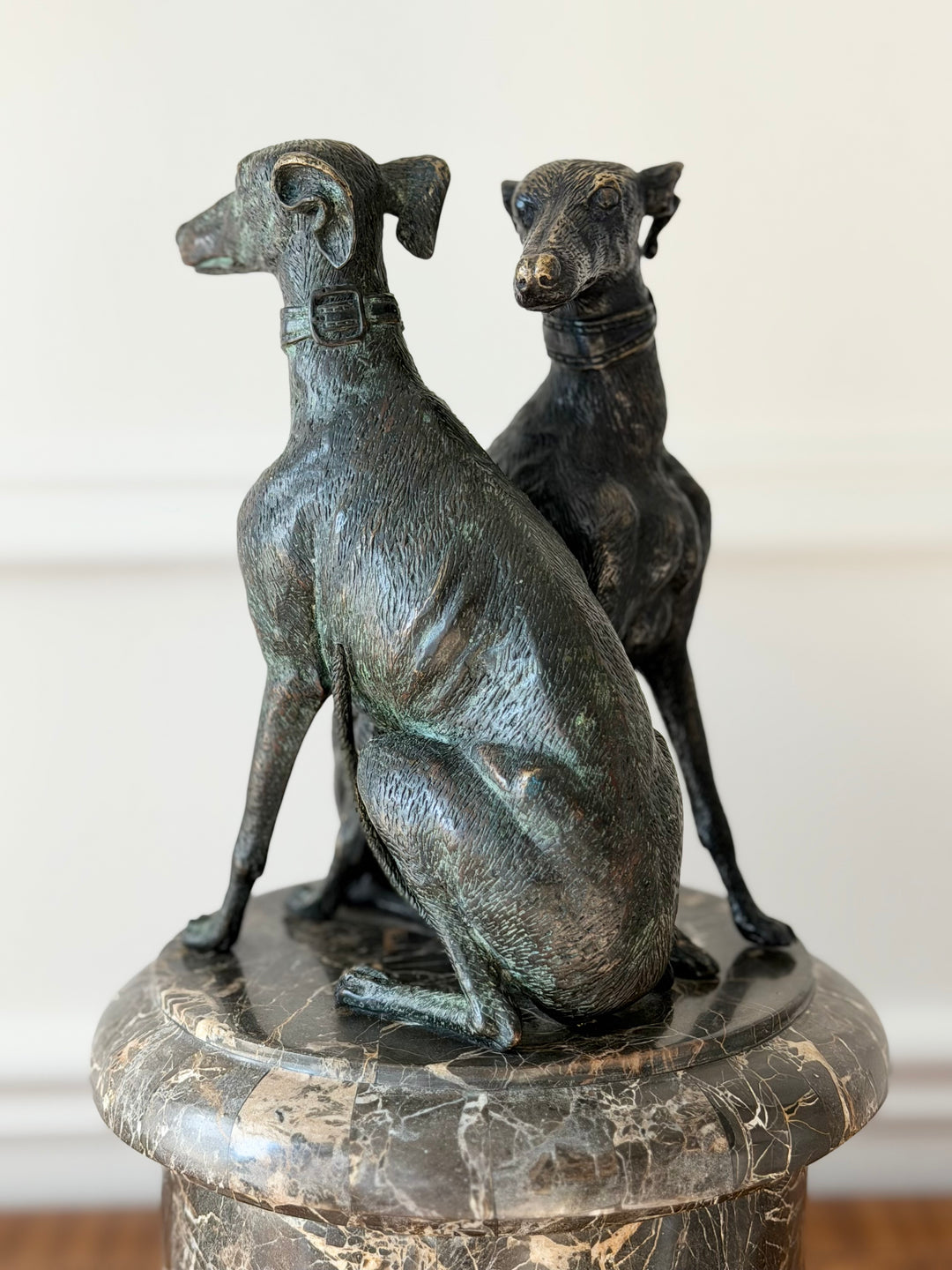 Bronze Greyhound Sculpture on Tessellated Marble Pedestal