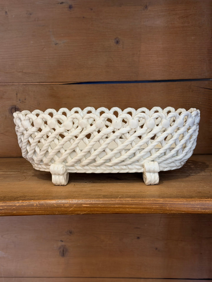 Spanish Mid-20th Century White Glazed Basketweave Pottery Centerpiece
