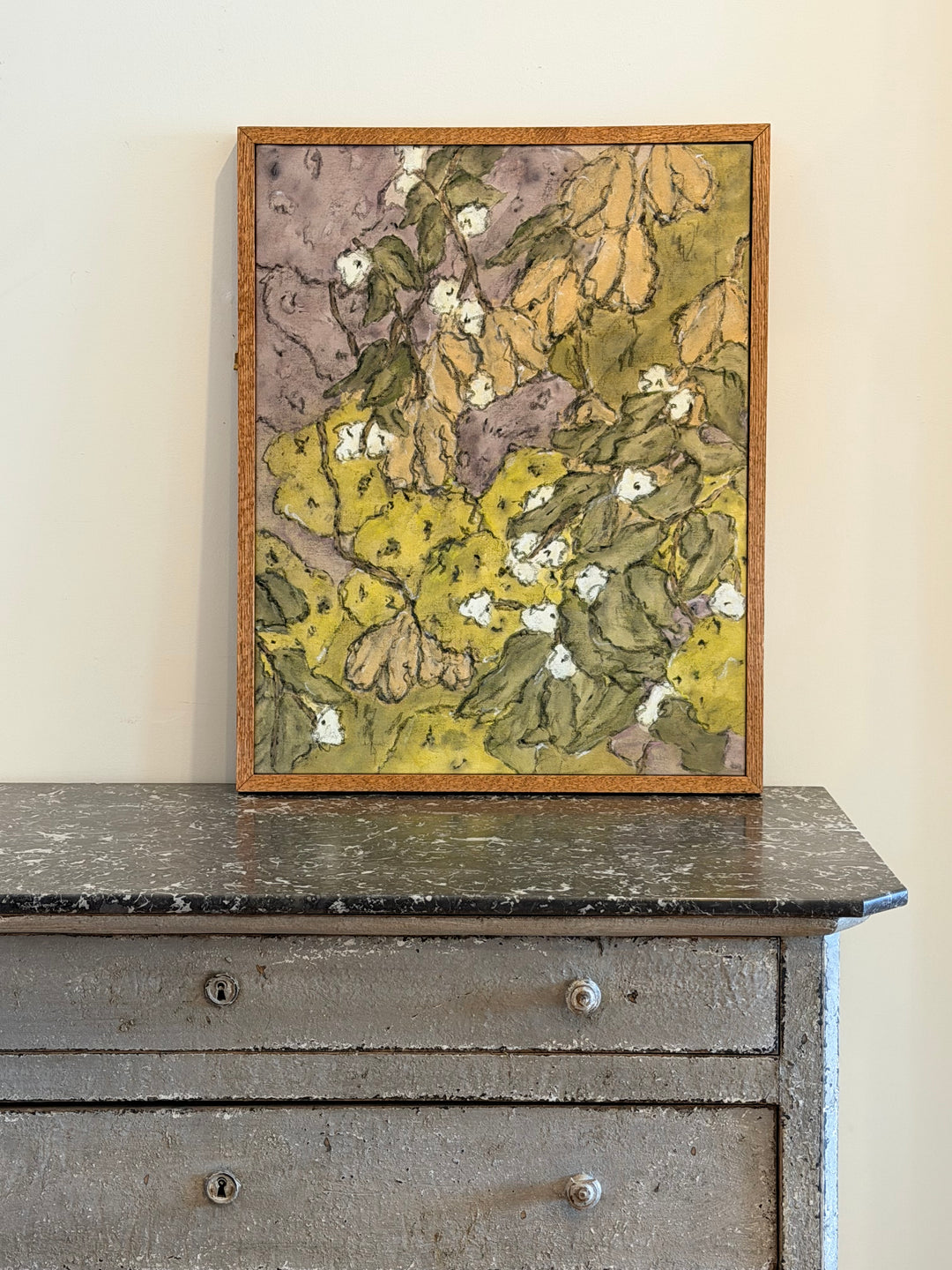 Abstract botanical painting titled Verdant Framework in ochre tones by Housebound Interiors, featuring modern botanical artwork.
