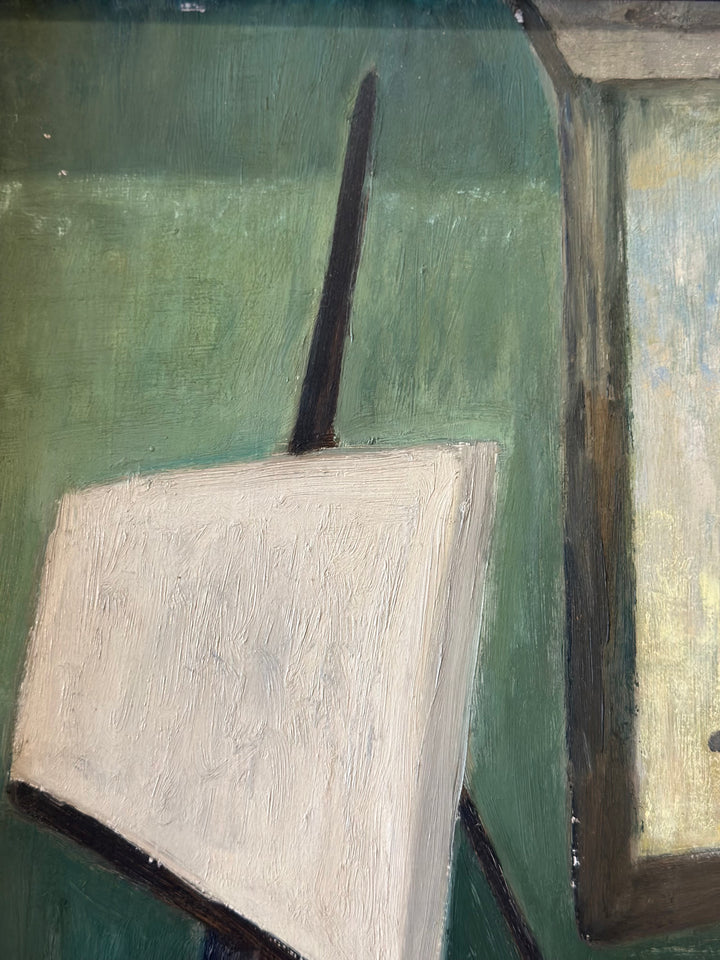 Mid-Century Modernist Oil Painting of Easels and Canvas by Gaudes, 1956