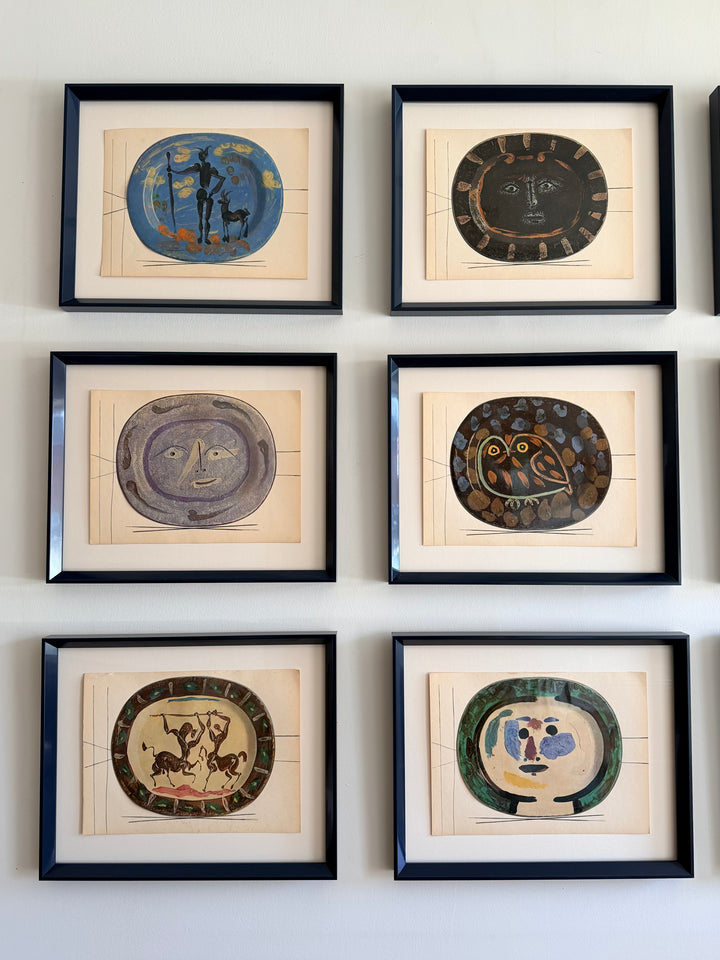 Set of nine tipped-in color lithographs from Picasso's Céramiques de Picasso, 1948, showcasing vibrant ceramic-inspired artwork.