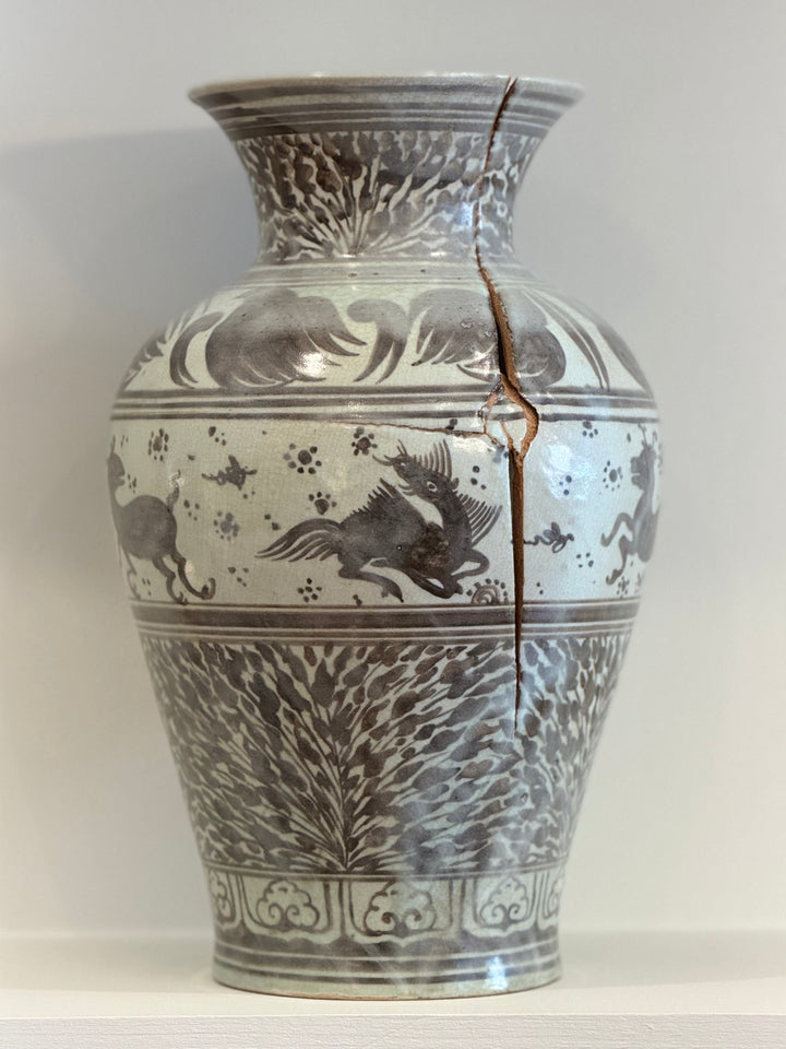 Antique Hand-Painted Porcelain Vase with Mythical Creature Motifs, 19th Century