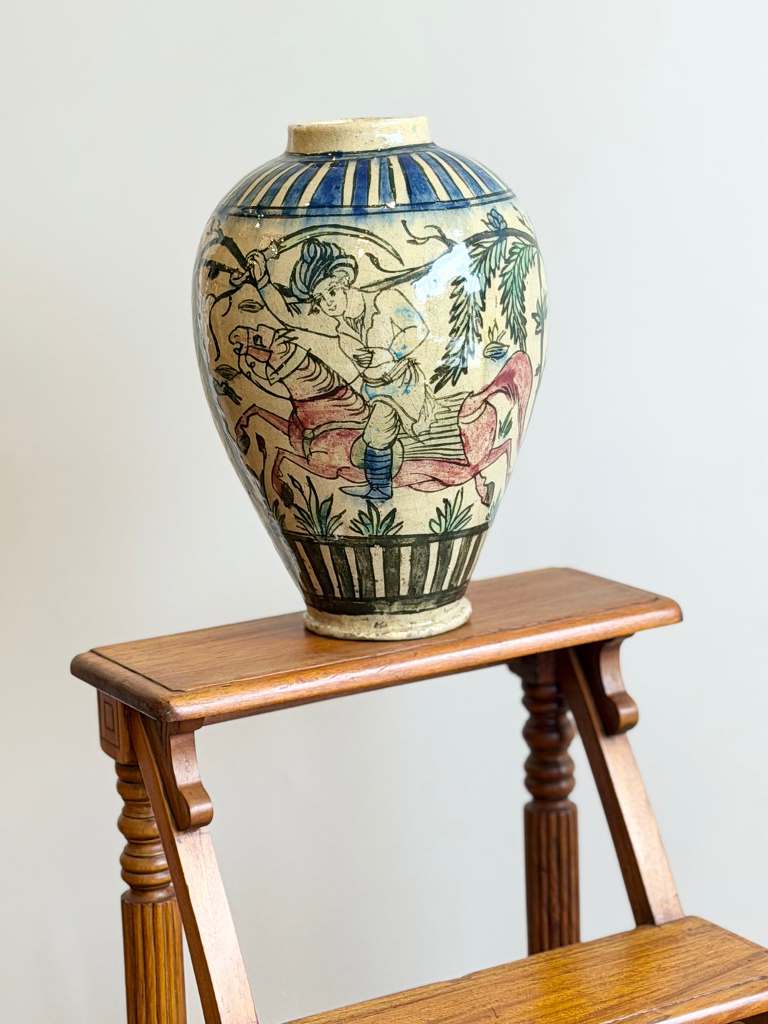 Italian Hand-Painted Figural and Animal Decorated Ceramic Vase