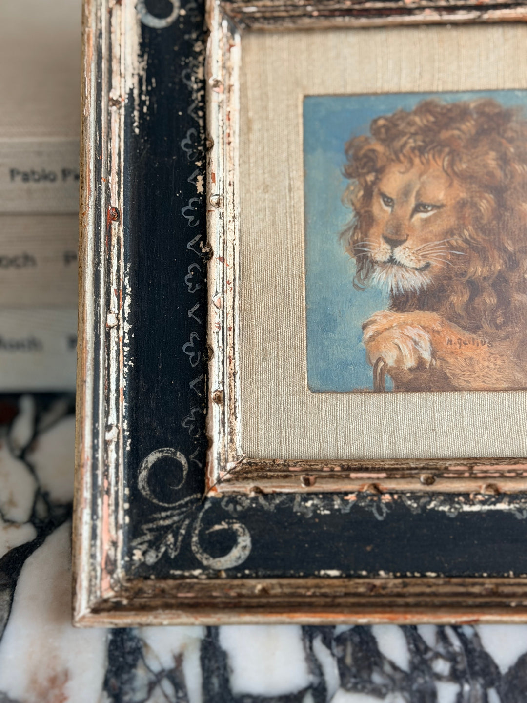 19th century English lion painting featuring detailed lion portrait, classic art style, by Housebound Interiors.
