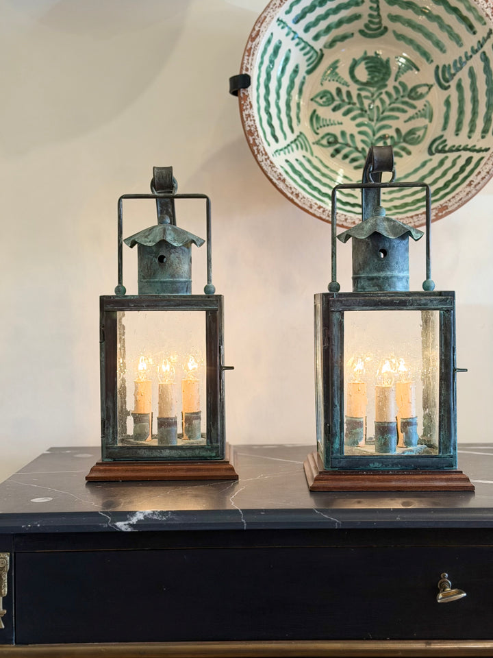 Pair of Verdigris Lantern-Form Table Lamps, Mid-20th Century