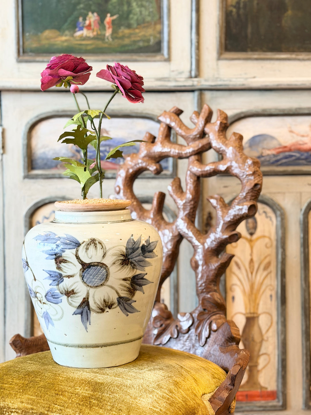 Hand-Painted Blue &amp; White Sunflower Pot