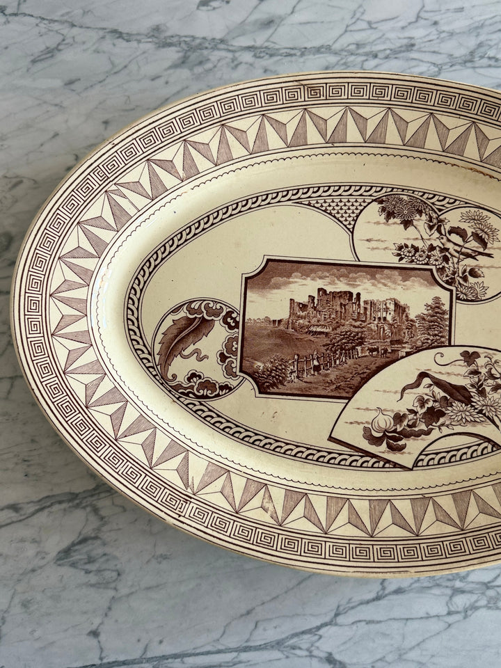 Victorian English Transferware Platter with Greek Key and Architectural Landscape, late 19th Century