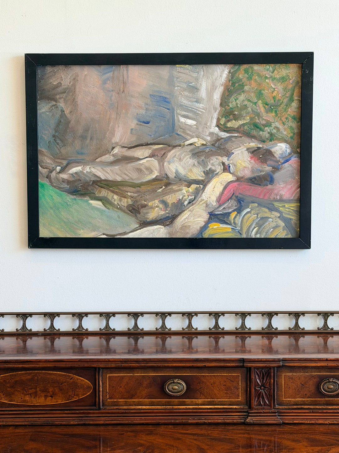 Italian Expressionist figural painting from the 1960s featuring bold colors and abstract human figures by Housebound Interiors.