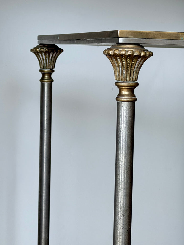 Neoclassical brass and chrome bar cart in the style of Maison Jansen, vintage design with elegant detailing, by Housebound Interiors