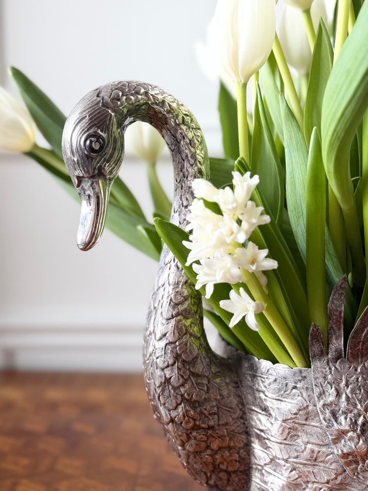 Silver swan-shaped jardinière with sculptural design from 20th century Portugal, crafted by Housebound Interiors.