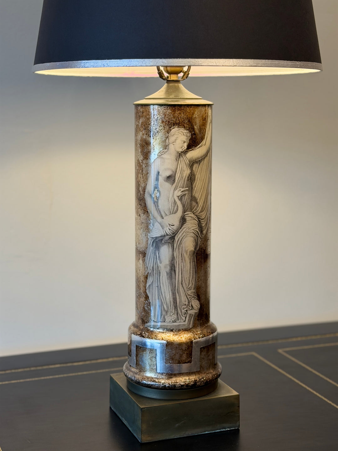 Italian Reverse-Painted Glass Neoclassical Lamp with Custom Silver-Gilt Shade