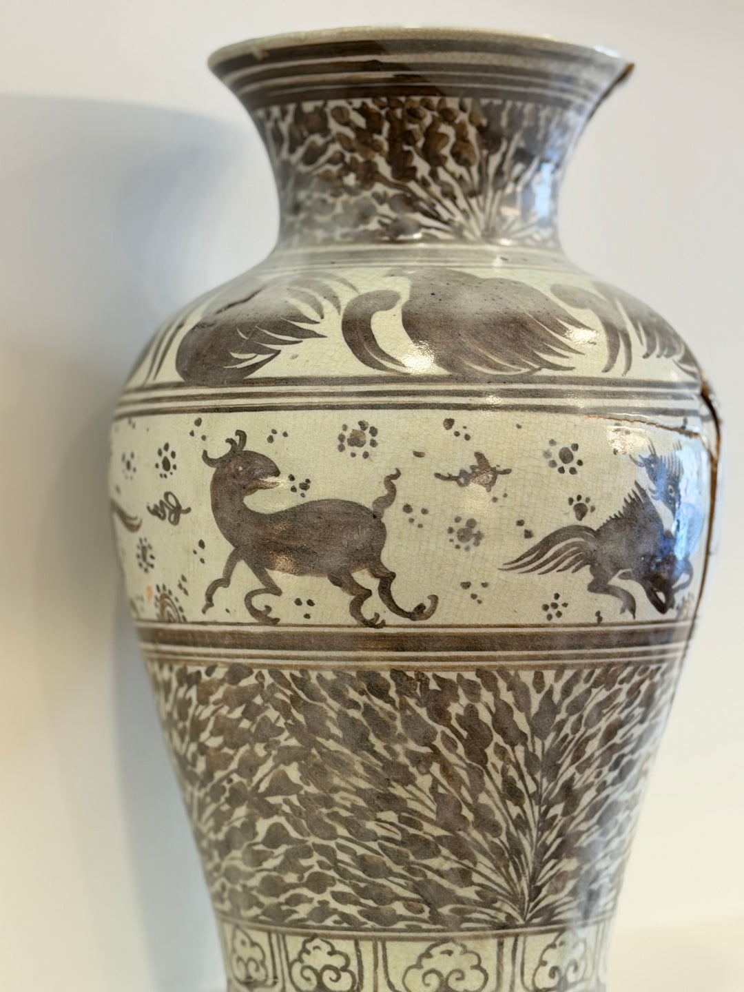 Antique Hand-Painted Porcelain Vase with Mythical Creature Motifs, 19th Century