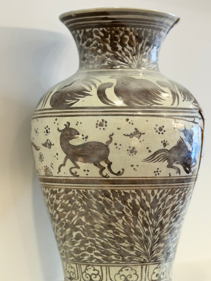 Antique Hand-Painted Porcelain Vase with Mythical Creature Motifs, 19th Century