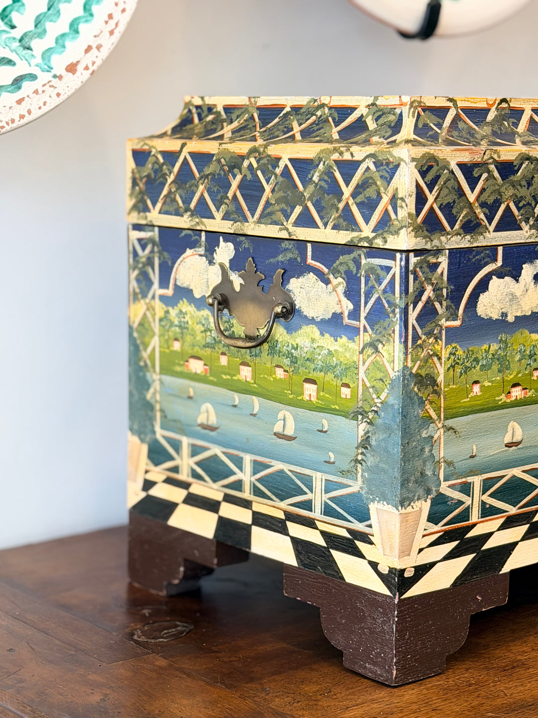 Hand-Painted Folk Art Harbor Scene Trunk - 1970s