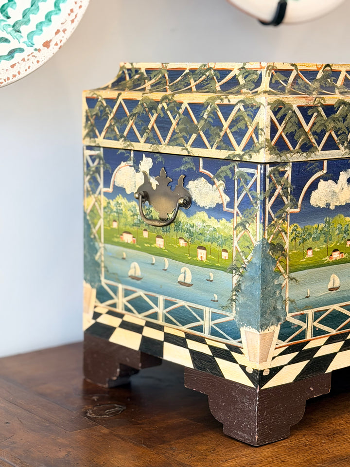 Hand-Painted Folk Art Harbor Scene Trunk - 1970s
