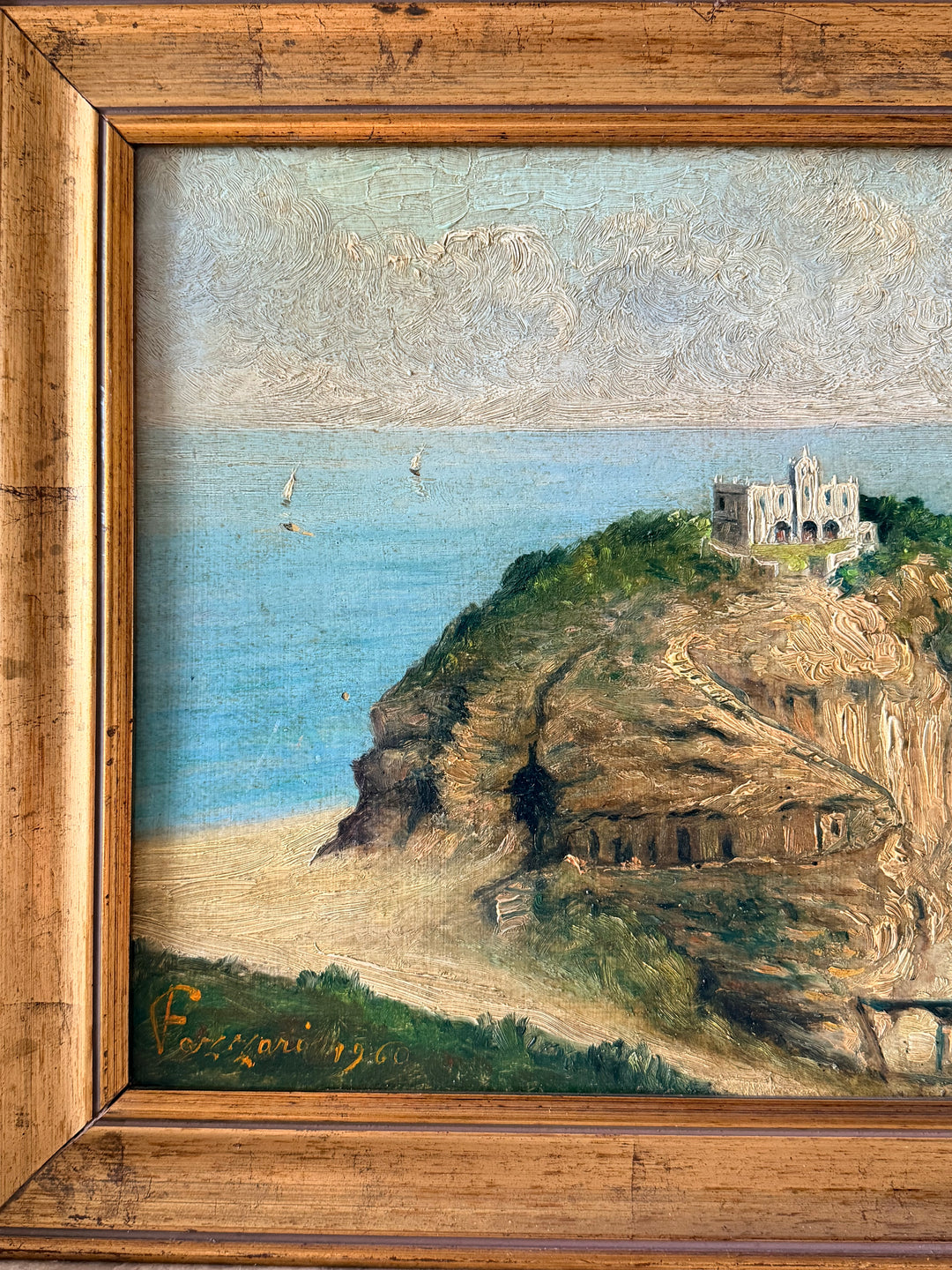 Antique Italian Coastal Villa Landscape Painting