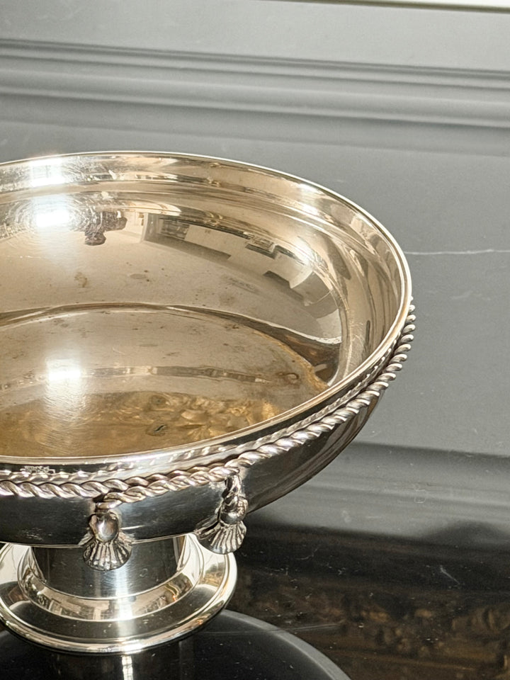 Lancel Paris silver pedestal bowl with twisted rope and tassel details, decorative metal centerpiece for home decor.