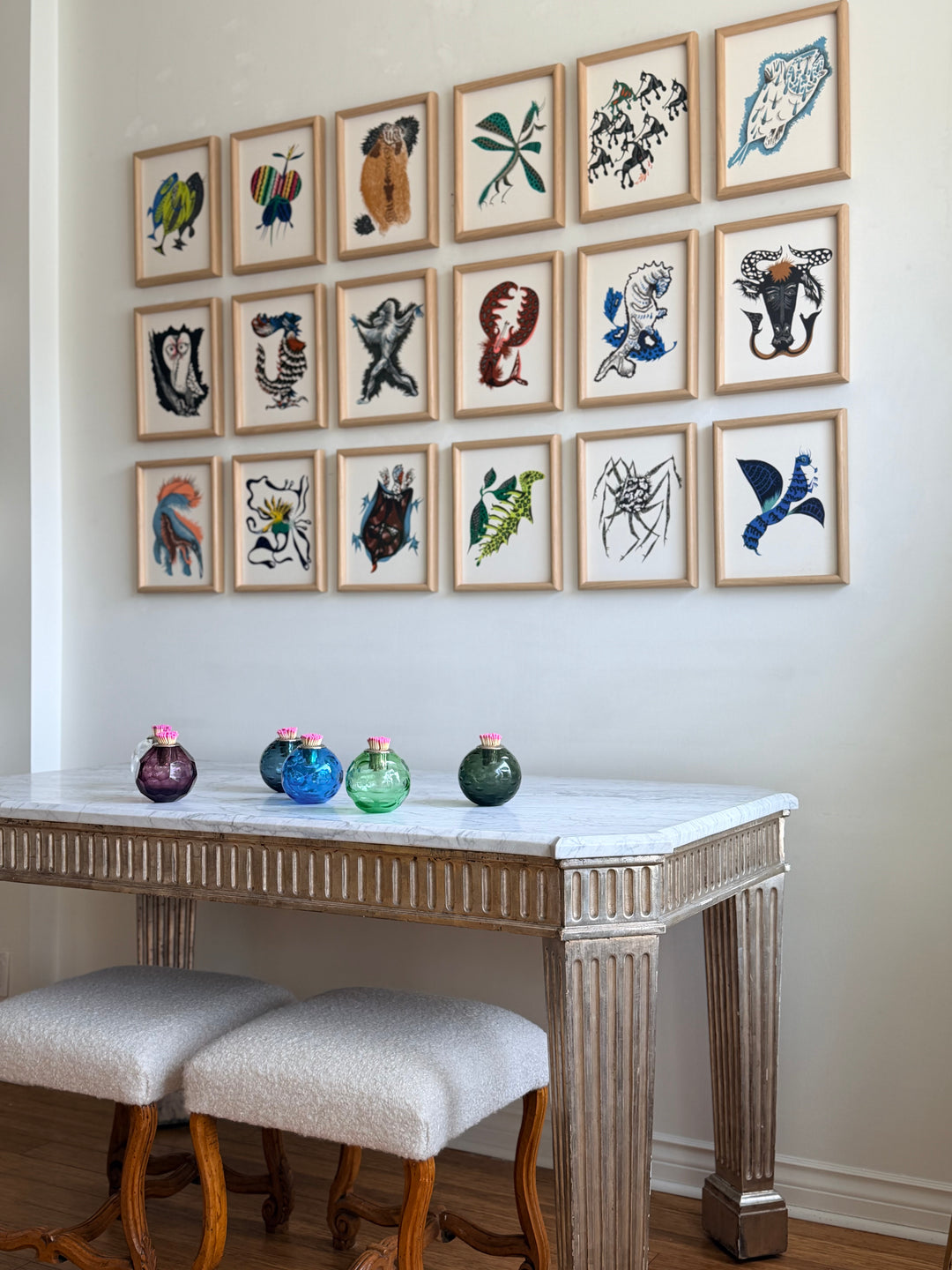 Complete suite of 18 Jean Lurçat “Géographie Animale” lithographs from 1948, featuring detailed animal and landscape illustrations.