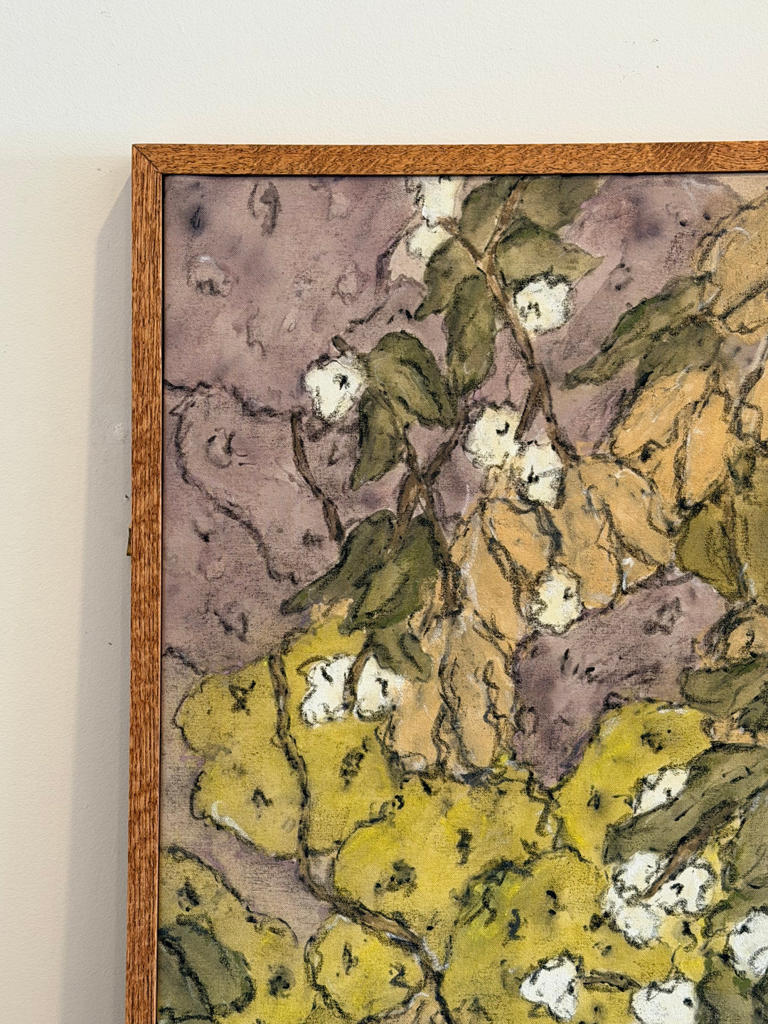 Abstract botanical painting titled Verdant Framework in ochre hues by Housebound Interiors, featuring contemporary floral art.