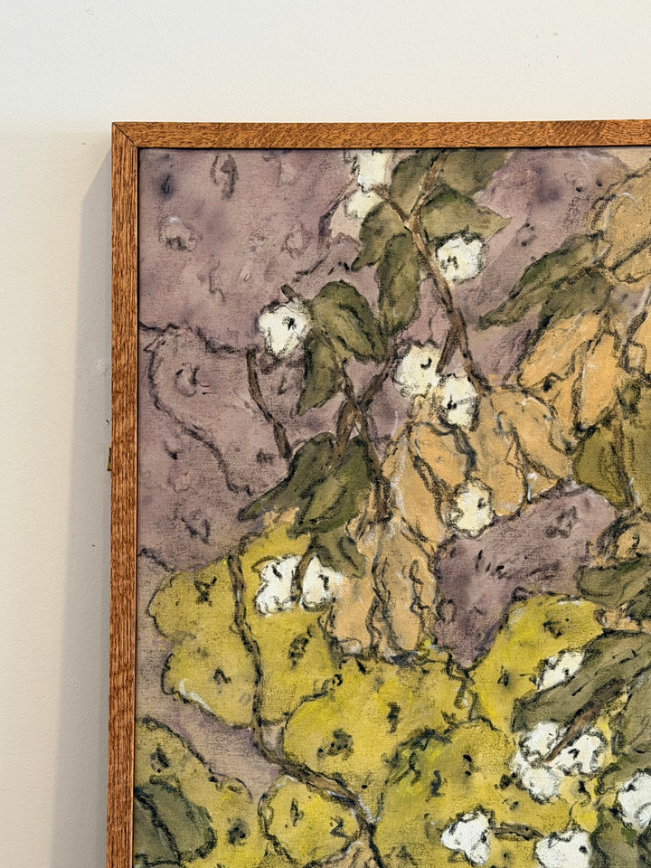 Abstract botanical painting titled Verdant Framework in ochre hues by Housebound Interiors, featuring contemporary floral art.