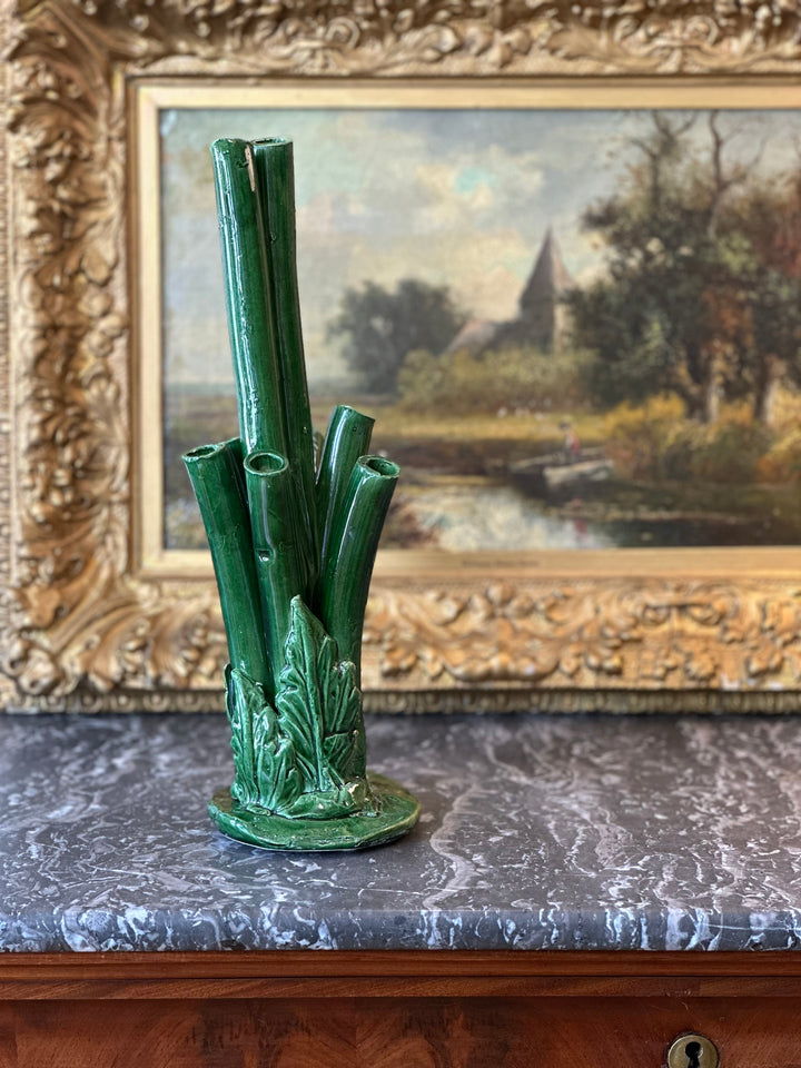 Italian Bamboo-Form Tulipière in Emerald Majolica Glaze