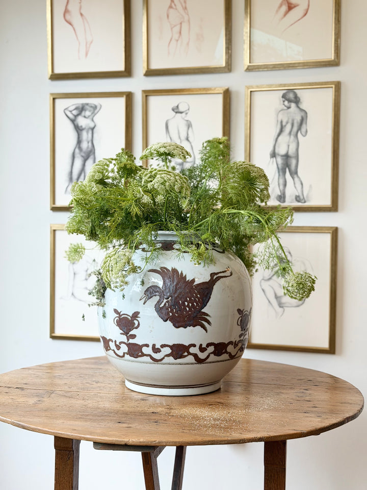 Large Hand-Painted Porcelain Crane Pot