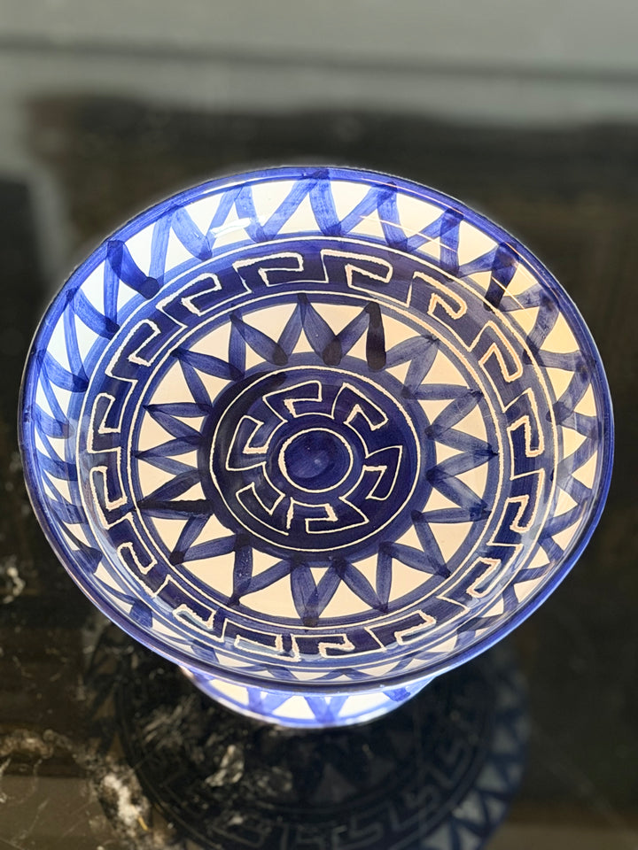 Robert Picault Vallauris ceramic pedestal bowl with geometric Greek key design, 20th-century art pottery from Housebound Interiors.